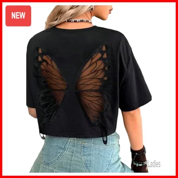 Gothic Butterfly Emo Crop Top, Soft Polyester, Regular Fit, Short Sleeve - Picture 4 of 7